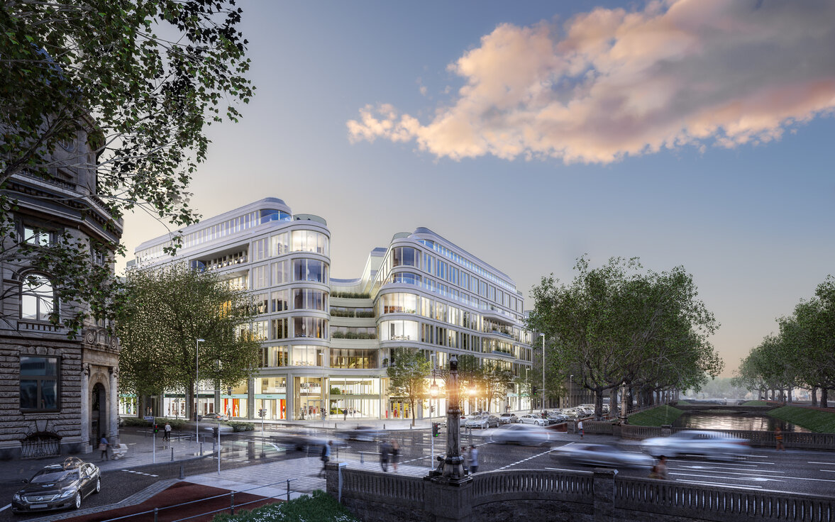© © Hines Immobilien GmbH Rendering der Außenansicht des zukünftigen Le Coeur Düsseldorf – Neubaufassade am Straßeneck mit grünen Bäumen im Vordergrund. | © © Hines Immobilien GmbH