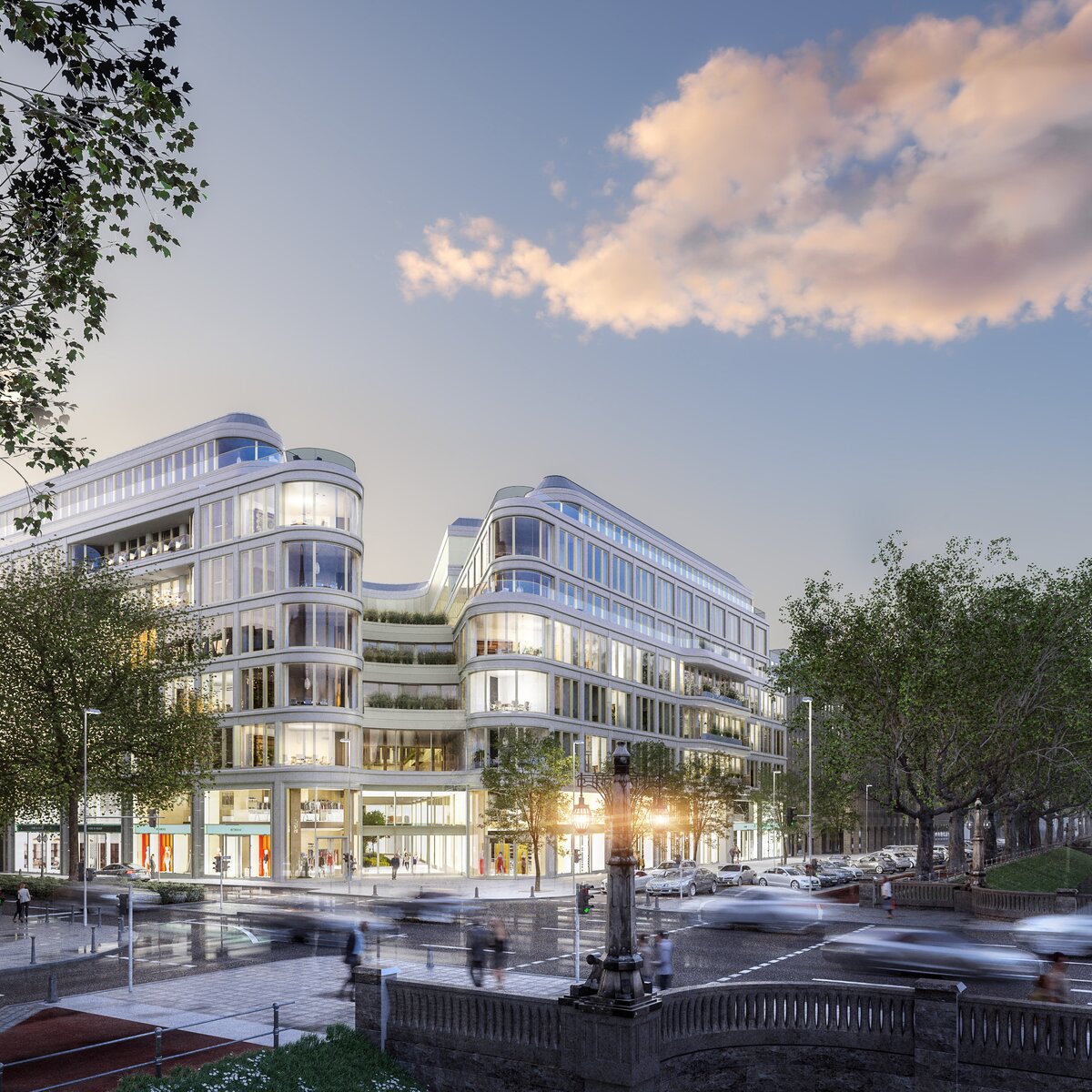 © © Hines Immobilien GmbH Rendering der Außenansicht des zukünftigen Le Coeur Düsseldorf – Neubaufassade am Straßeneck mit grünen Bäumen im Vordergrund. | © © Hines Immobilien GmbH